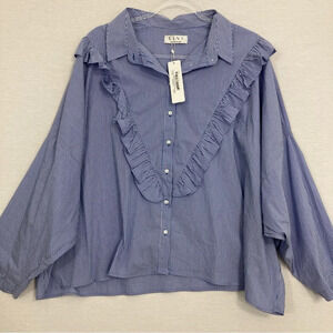 New Elvi Blue White Ruffle Detail Drop Shoulder Relaxed Fit Button Down size 16